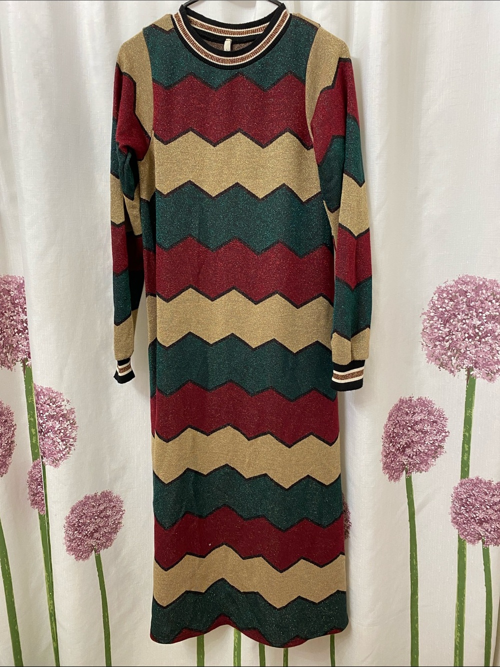 Lumina 
 Chevron Metallic Long Crewneck Sweater Dress in Gold, Green & Burgundy